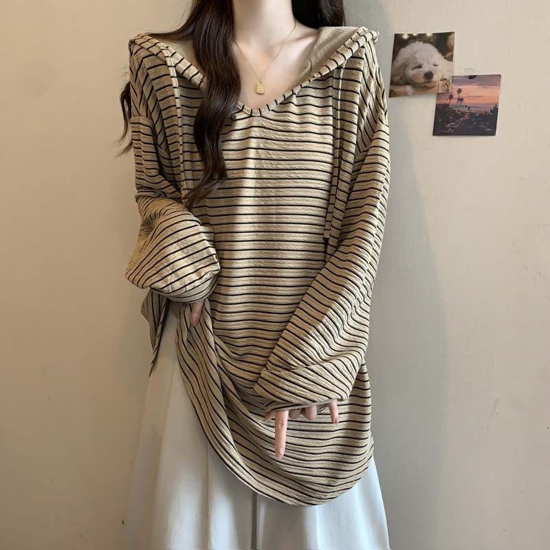 Plus-Size Korean-Style Striped Hooded Long-Sleeve T-Shirt for Women, 2026 Autumn and Winter New Loose Slimming Mid-Length Top for Women Ins