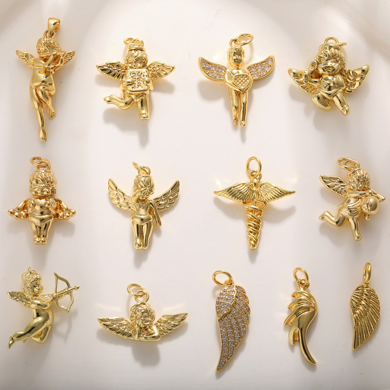 色保持 18 k 銅金メッキ天使のペンダントキューピッドの羽 diy ジュエリーブレスレットイヤリングネックレスアクセサリーペンダント|undefined