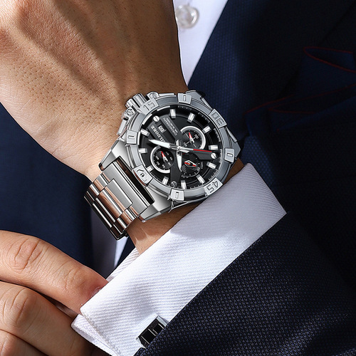 A unisex cross-border watch with a self-luminous, waterproof design for men, featuring a steel strap and quartz movement.