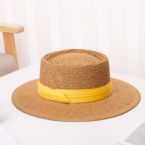 Straw hat women's new summer flat top big brim hat outdoor travel sun protection beach hat Internet celebrity hat wholesale