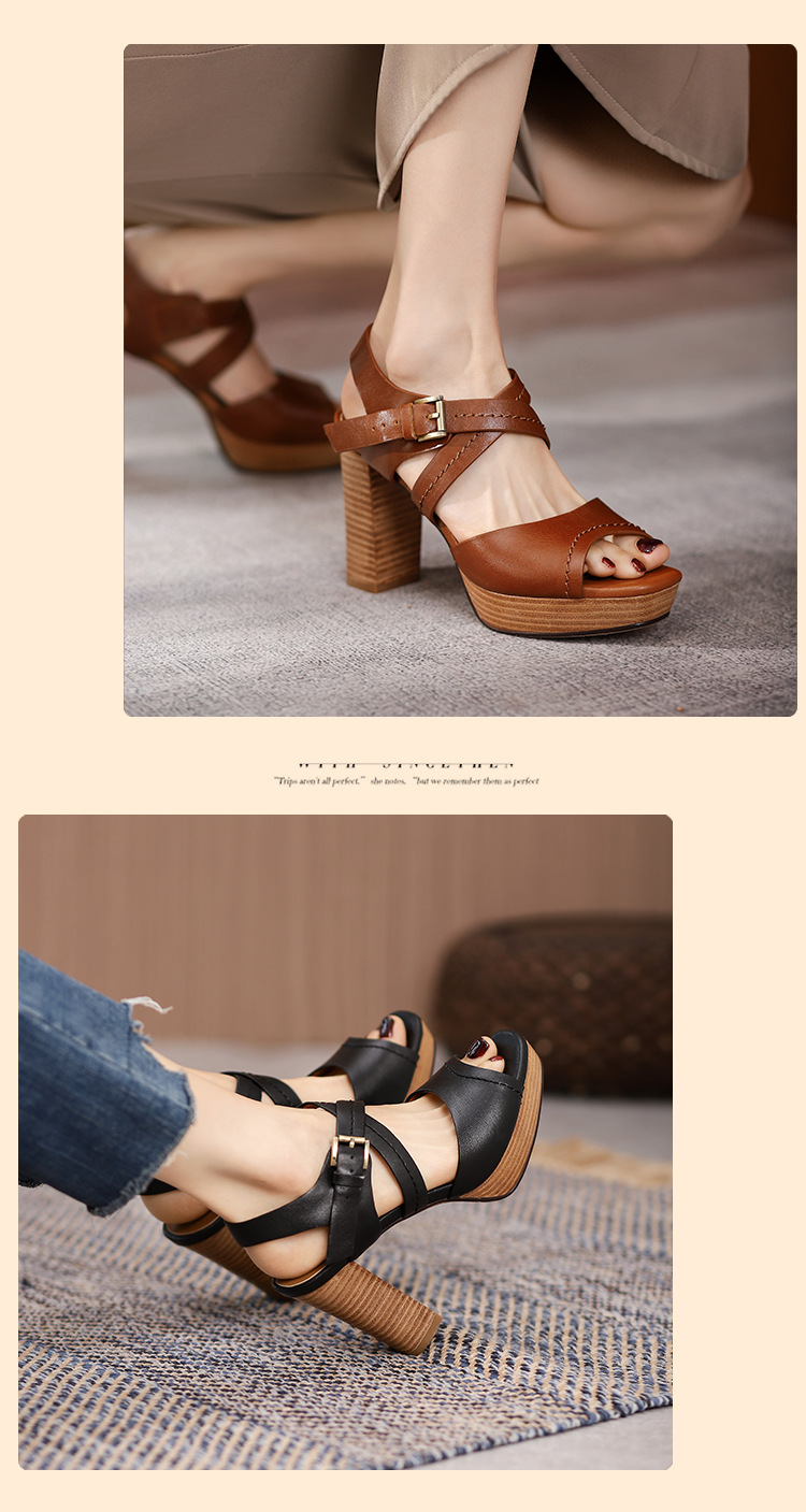 Sandal nữ mũi nhọn gót thô đế dày kiểu La Mã — Màu nâu chi tiết 10