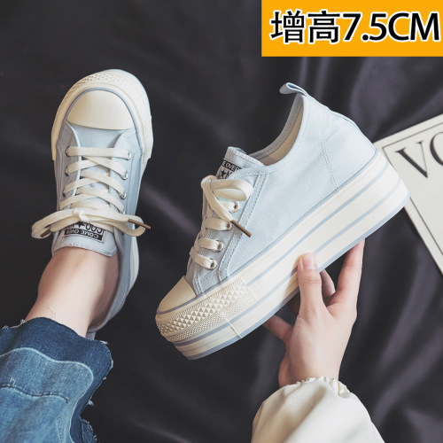 2025 Fashion Inner Heel Lift 7.5CM Slimming Elegant Casual White Canvas Shoes for Women College Style Ins Trend