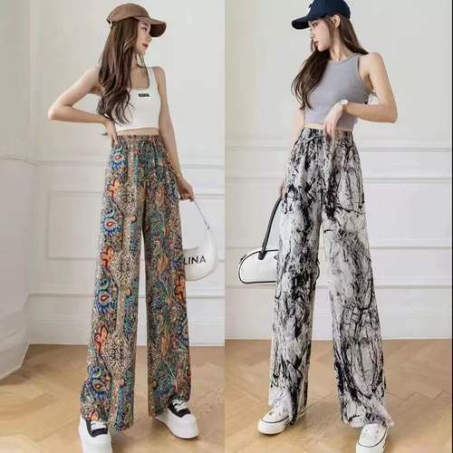 2025 New Ice Silk Loose Drawstring Patterned Straight Leg Pants High-Waist Casual Large Size Mom's Pants for Women Dropshipping