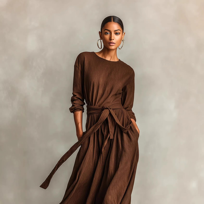 2026 European and American Cross-Border Spring and Autumn New Style Women's Elegant Brown Woven Long-Sleeved Round-Neck Dress