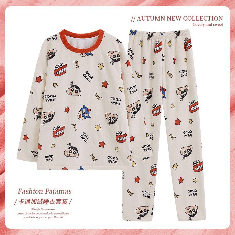 东南亚外贸新款冬季珊瑚绒睡衣女套装加厚法兰绒保暖休闲家居服套