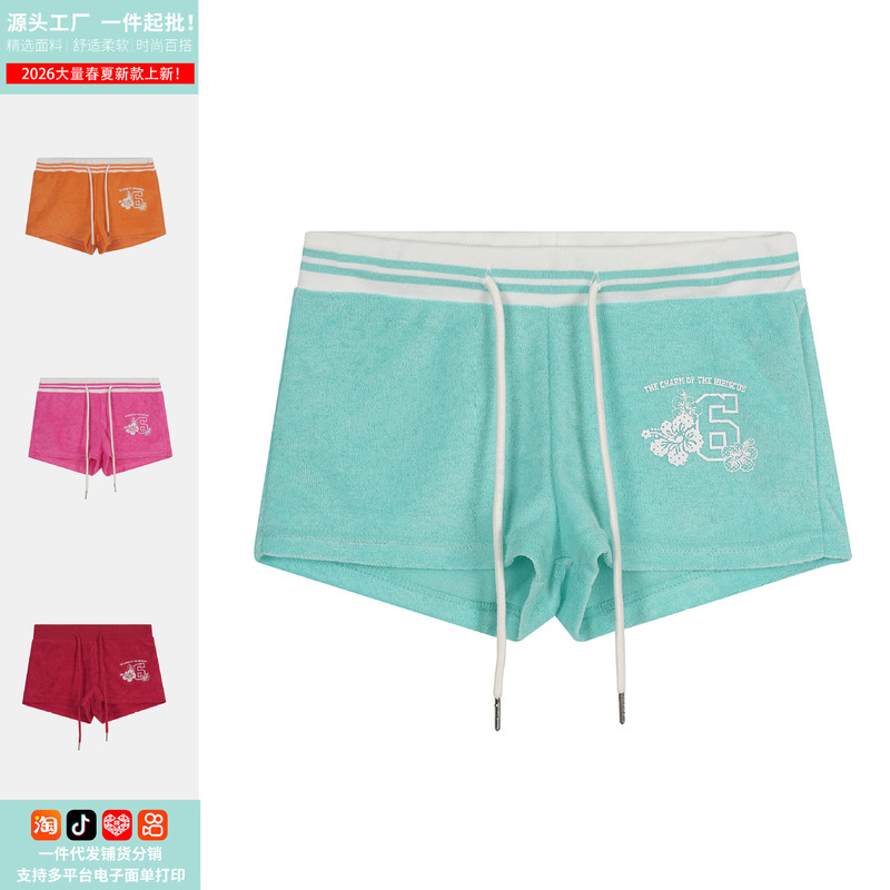 American-style terry drawstring straight shorts for women, summer casual versatile beach shorts--direct from the manufacturer American-style terry drawstring straight shorts for women, summer casual versatile beach shorts--direct from the manufacturer