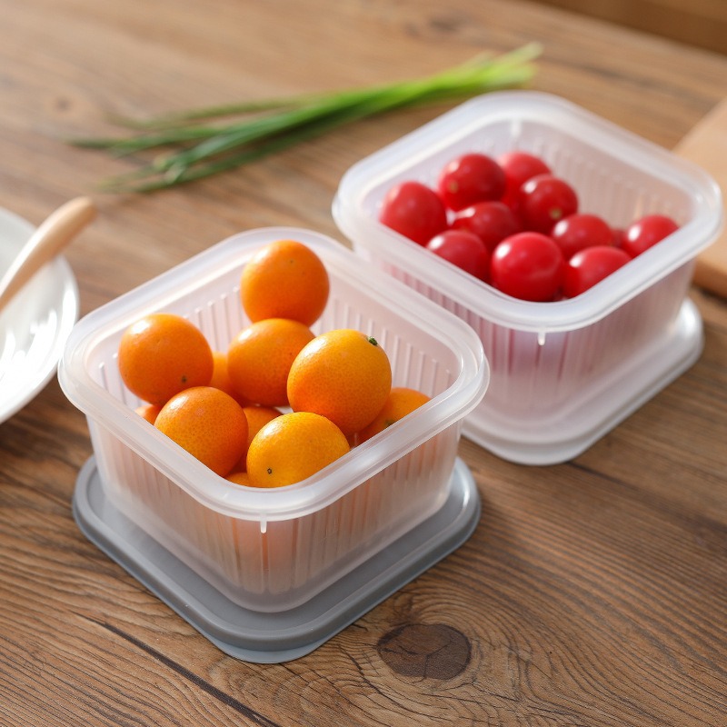 Caja de almacenamiento de cebollas casera portátil cuadrada plástico transparente de doble capa de drenaje de agua fresca refrigerador sellado al por mayor