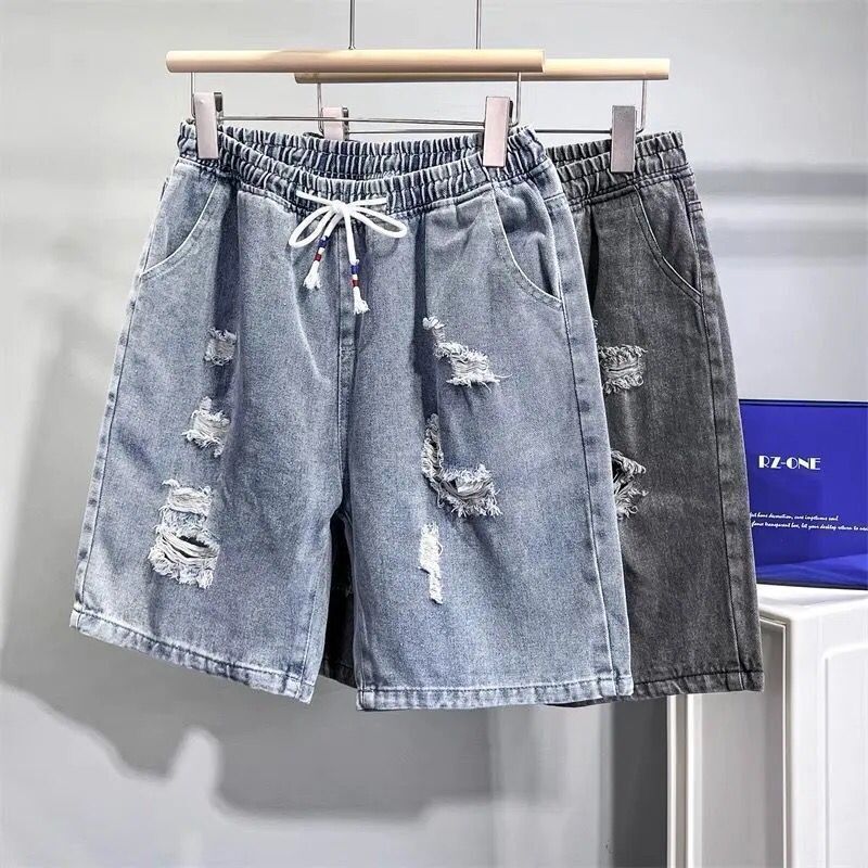 破洞牛仔短裤男大码2024年潮牌中裤夏天宽松男士五分裤子夏季薄款