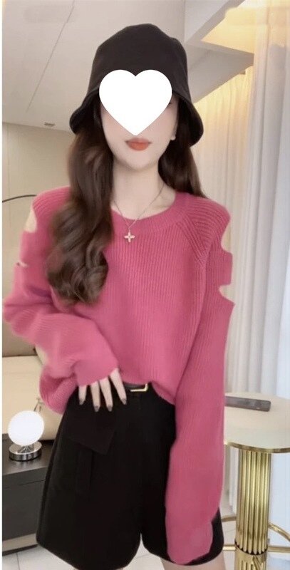 秋季新款慵懒风破洞露肩设计感长袖毛衣女小众宽松打底针织衫上衣|undefined