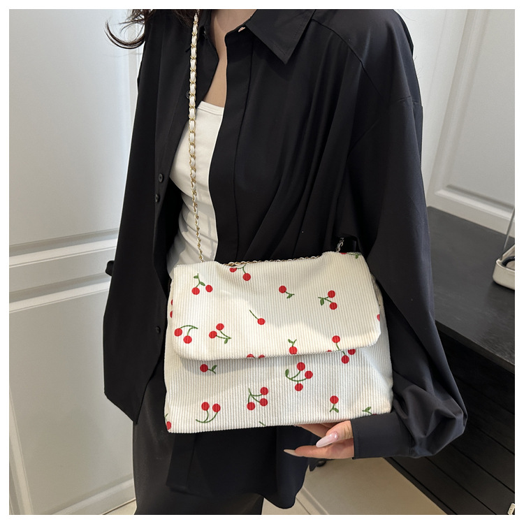 270g Weight Sewing Thread Fashion Element Magnetic Buckle Closure Type Single Shoulder Strap Strap Type Canvas Bag Bags Type Daily Occasion Canvas Material Cherry Pattern All Seasons Season Women's Gender Cute Style Square Shape Women's Canvas Cherry Cute Sewing Thread Square Magnetic Buckle Canvas Bag 3