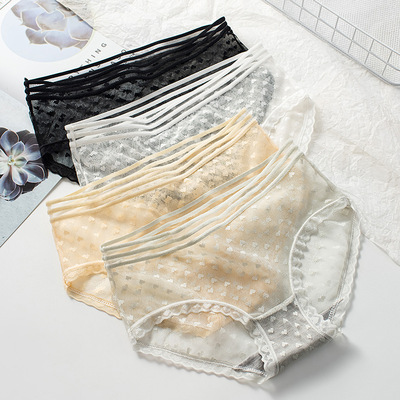 工厂夏季新款蕾丝内裤女性感透明提花纯棉底裆中腰蕾丝边内裤女士|ru