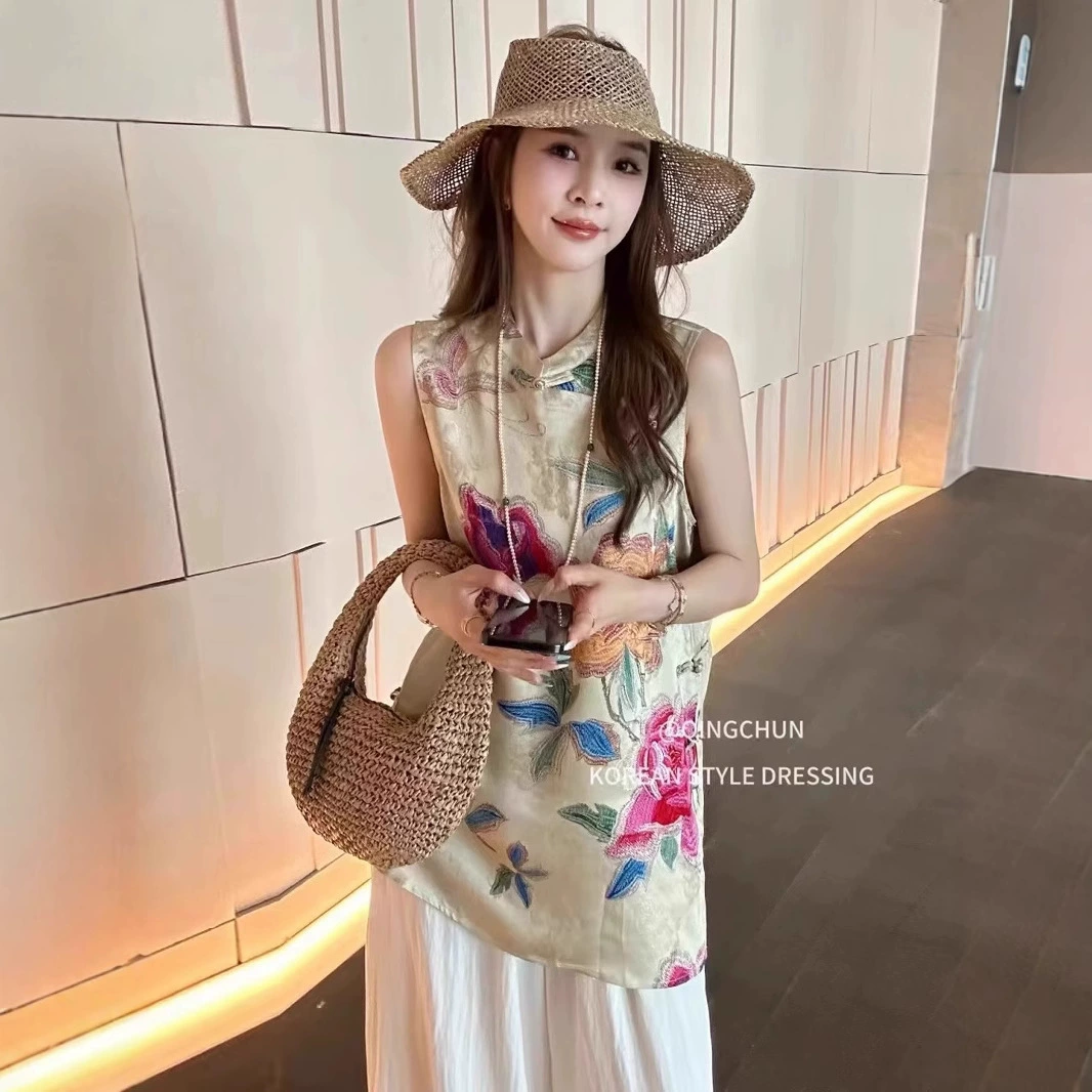 Летний уменьшающий возраст и утягивающий новый жилет в китайском стиле, женский жилет в национальном стиле, рубашка без рукавов в стиле ретро, ​​топ