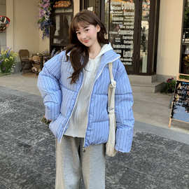 蓝条纹假两件棉衣棉服女2025新款冬季加厚保暖学院风短款棉袄外套
