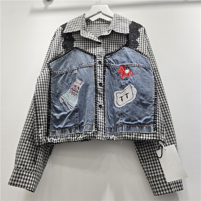 European Station 2026 Early Autumn New Style Loose-Fitting Patchwork Lace Plaid Color-Blocking Design Embroidered Denim Long-Sleeve Shirt European Station 2026 Early Autumn New Style Loose-Fitting Patchwork Lace Plaid Color-Blocking Design Embroidered Denim Long-Sleeve Shirt