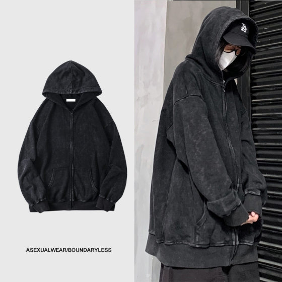 American Heavy Cardigan Sweater Men's Trendy Brand Ins Vintage Couple's Washed Old Hoodie Jacket Couple's Top