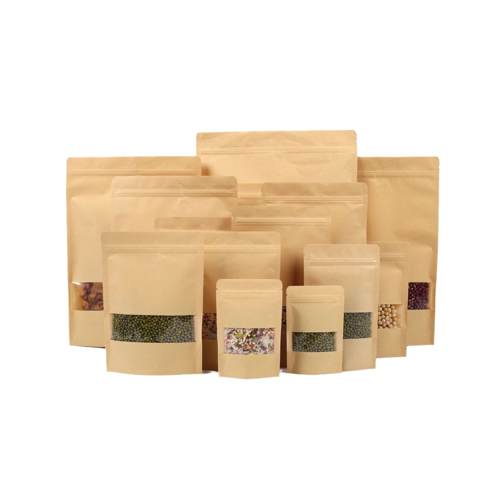 Bolsa de embalaje nueces té frutos secos HD ventana sellada bolsa ziplock de papel Kraft en stock bolsa de papel Kraft de pie