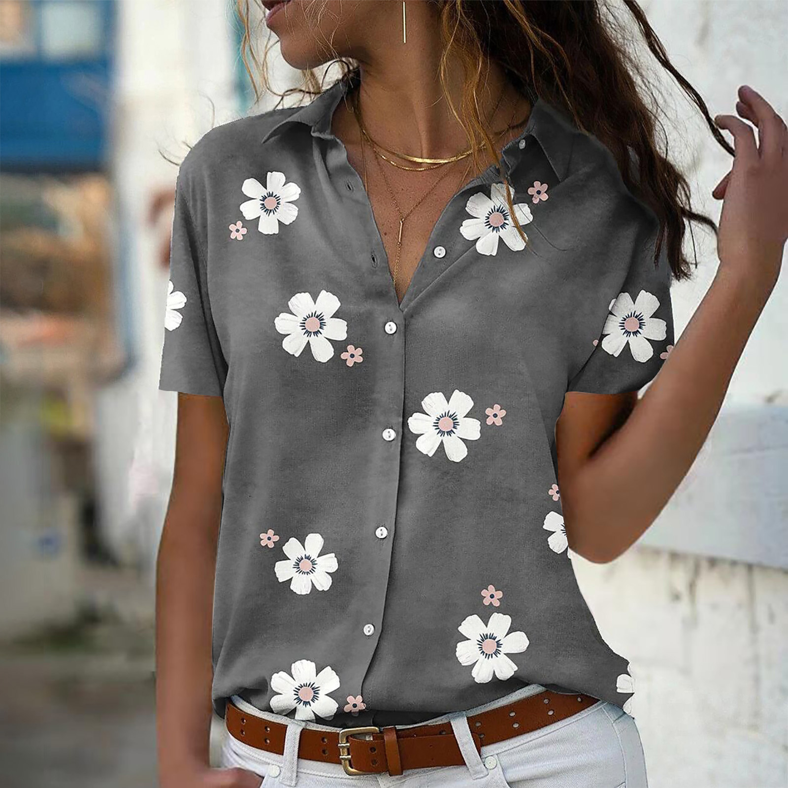 Fashion Flower Cotton Blend Polyester Shirt Collar Long Sleeve Regular Sleeve Printing Blouse