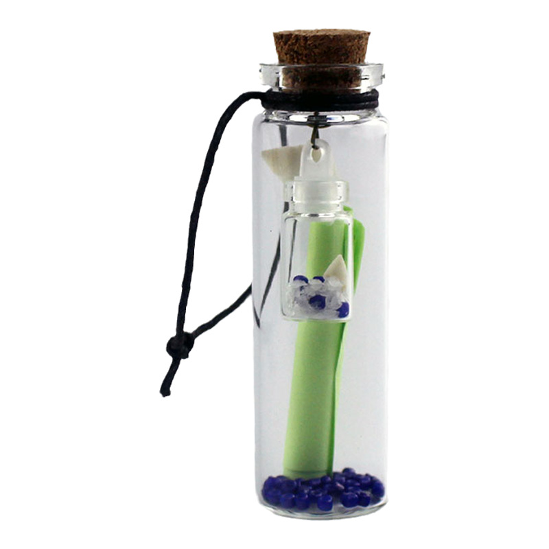 Botella de deseo de piedra triturada con pequeña nota, colgante de botella de vidrio hermoso, tapón de madera miniaturizado a mano, botella de arena