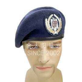 藏青徽章绣花羊毛帽皮包边国外部队贝雷帽安保贝雷帽20年工厂