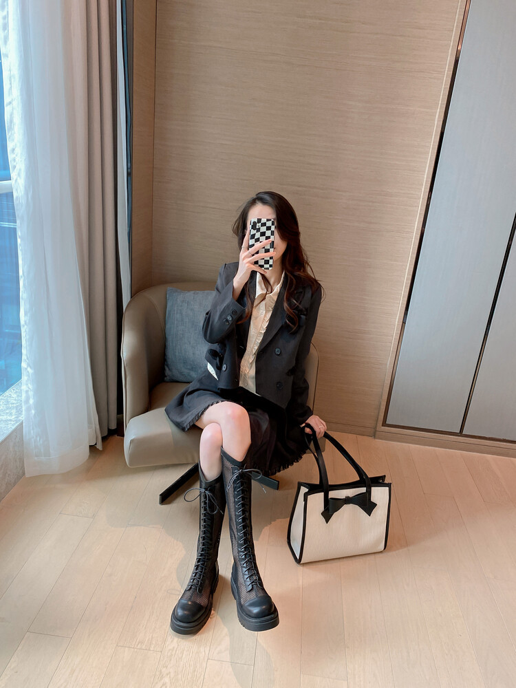 Boot lưới da thật cổ cao đế dày thoáng khí mùa xuân hè phong cách kỵ sĩ buộc dây — Màu nâu ống lớn, Màu đen cổ ống lớn, Ống nhỏ màu đen, Ống nhỏ màu be chi tiết 6
