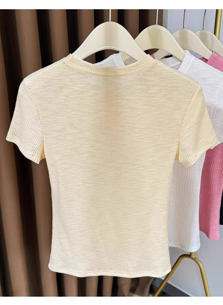 Women's Pink Ribbed Short Sleeve T-shirt Lightweight Basic Top_voghion.com