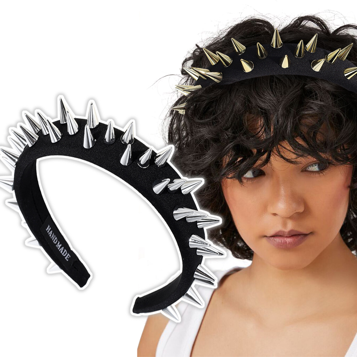 Estilo europeo y americano diseño exagerado remache diadema negro verano ancho borde moda punk personalidad diadema horquilla
