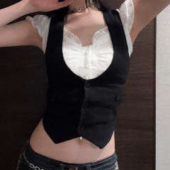 2025欧美新款女装学院风拼接马甲木耳边短袖修身显瘦T恤女假两件