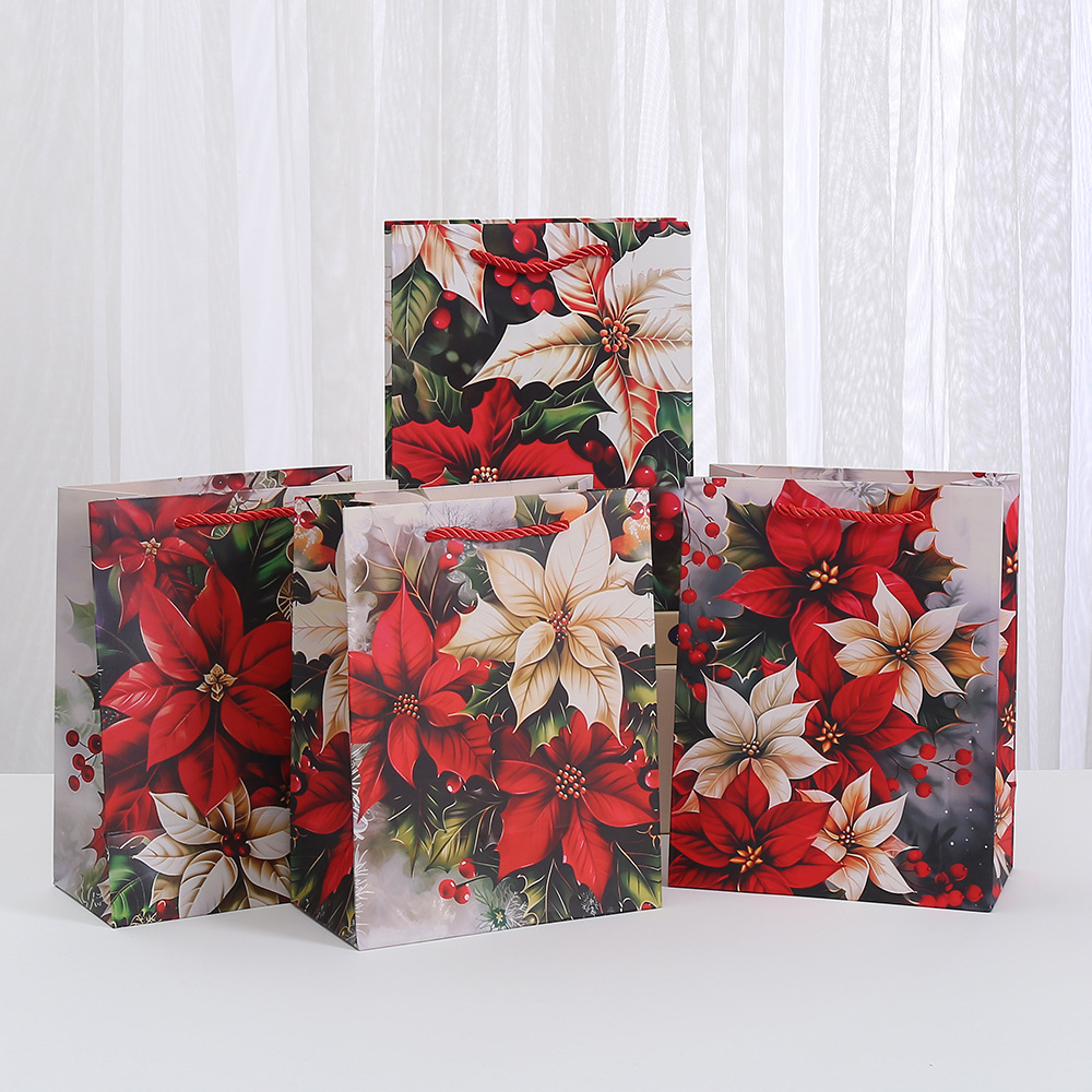 圣诞花礼品袋白卡礼品袋批发商场购物袋派对糖果手提袋印花包装袋