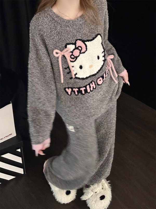 可爱kitty卡通珊瑚绒睡衣女秋冬加厚法兰绒保暖可外穿宽松家居服|undefined