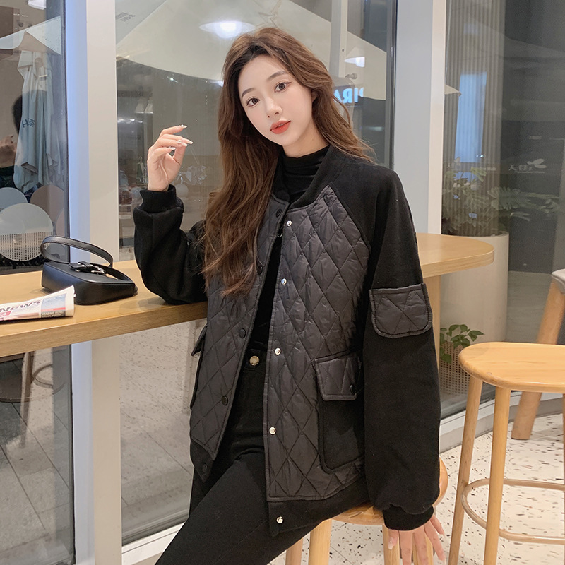 Ropa de algodón de empalme de diamante coreana para mujeres 2023 otoño y invierno nuevo abrigo de algodón caliente original de cuello redondo de diamante para mujeres
