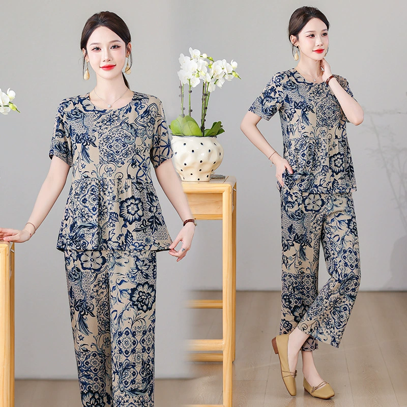 2025 новый комплект из двух предметов для женщин летом, для мам среднего возраста, высококачественный принт в западном стиле, новый костюм из хлопкового шелка в китайском стиле, модный