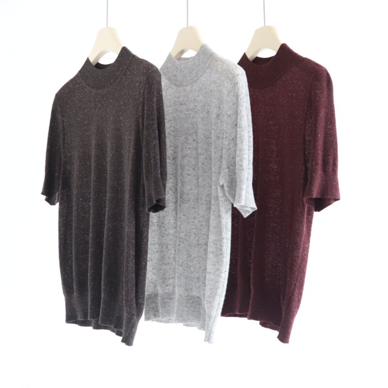 Colorful Yarn Wool Linen Blend Half Turtleneck Short-Sleeved Loose Knitwear Women's Autumn New Textured Thin Top