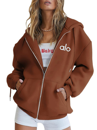 Alo Ladies Personality Printed Zip-Up Hooded Sweatshirt Loose Casual Long-Sleeve Hooded Sweatshirt Personality Sports Top