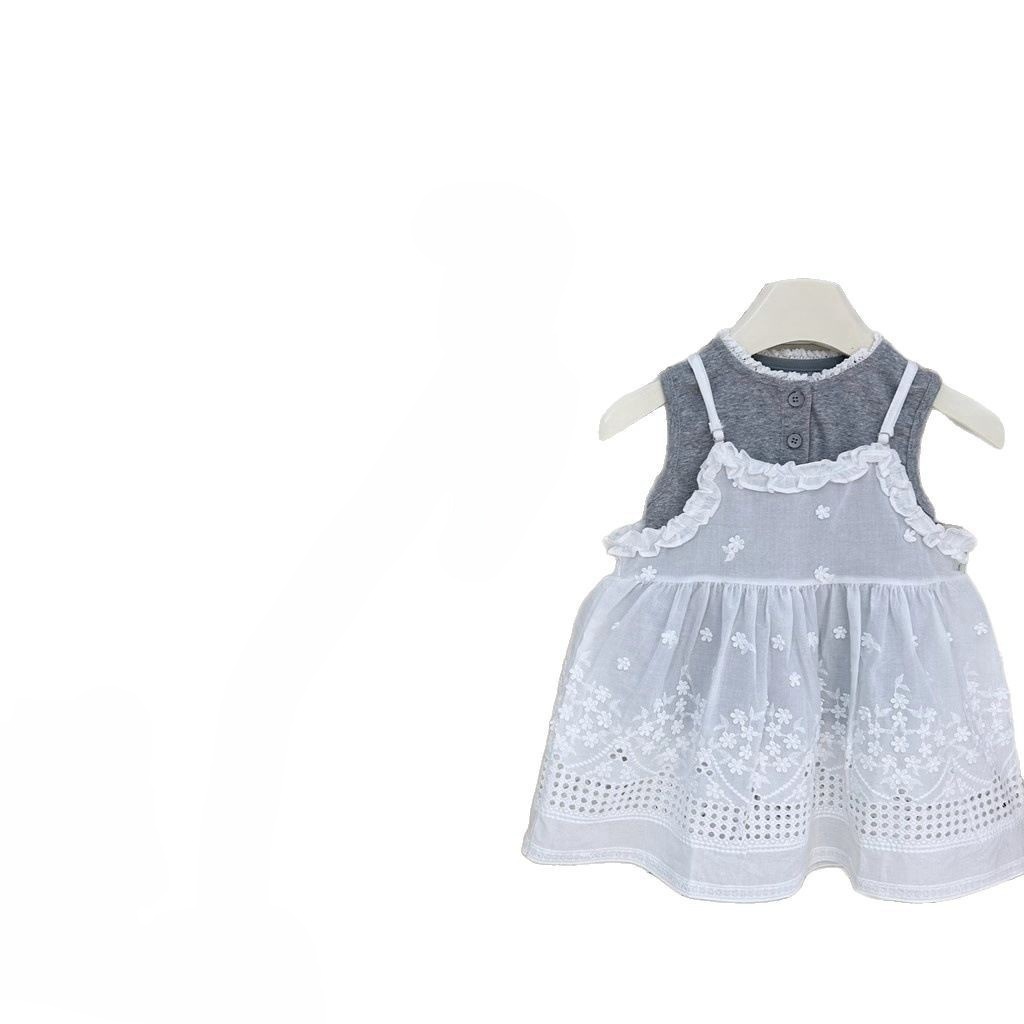 2025 primavera y verano niña camiseta de chaleco gris falda de tirantes blanca falda de tirantes de malla de dos piezas de moda occidental