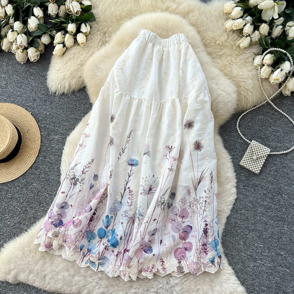 Women's French Sweet Style Floral Print Patchwork A-Line Midi Skirt High Waist Slimming mid Length Summer Fairy like Cake Skirt_ecoleips.com