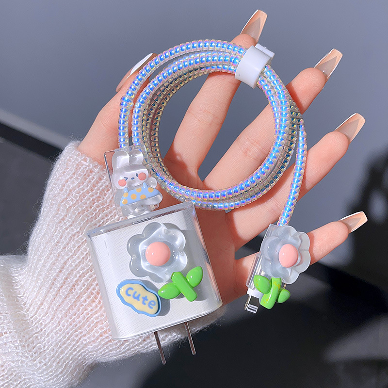 【Floral Verde】Funda Protectora + Cordón + Protector de Cable