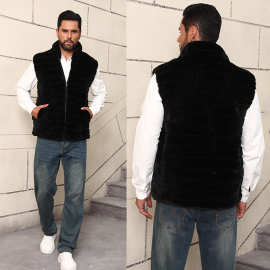 2025新款欧美外贸仿皮草貂皮马甲男秋冬 黑色立领仿皮草休闲外套