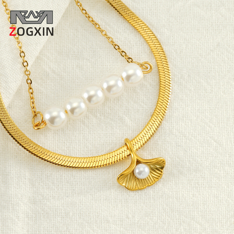 2023 nueva moda nicho collar simple doble capa apilada ginkgo hoja perla diseño sentido joyería collar al por mayor