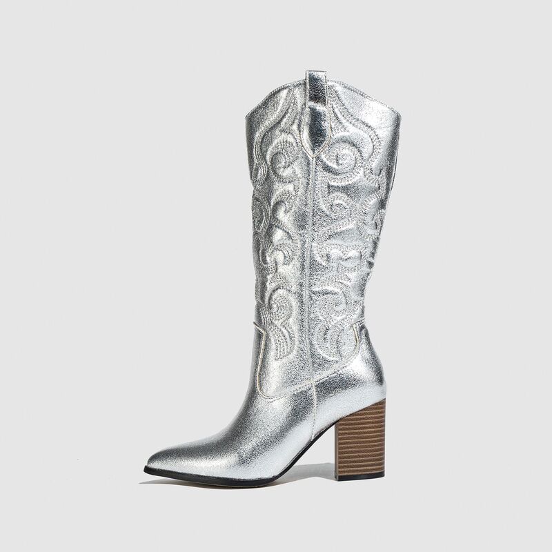 in stock -2024 New Western Boots Thickened Soft Embroidered Flower Pointed Thick Heel plus size Women's Boots