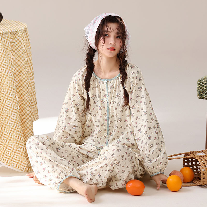 Spring and autumn woven cotton pajamas for women, long-sleeved, long-pants, doll collar, loose, sweet, cute, can be worn outside, home wear set Spring and autumn woven cotton pajamas for women, long-sleeved, long-pants, doll collar, loose, sweet, cute, can be worn outside, home wear set