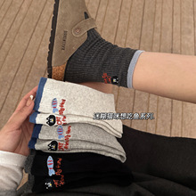 袜子女秋冬AB款刺绣猫咪卡通字母中筒袜韩系拼色双针棉潮袜女袜子