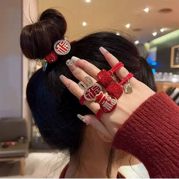 Fashion New Lucky Bag Red Hair Tie for Women, Elegant Rhinestone Hair Band, Korean Style Ponytail Hair Rope, Zodiac Year Hair Accessory