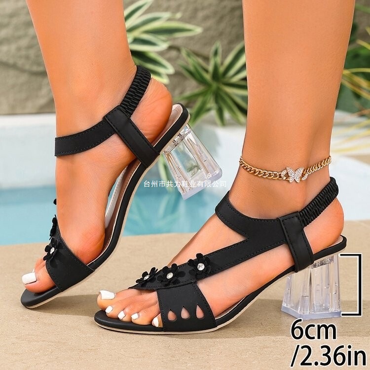 New Summer High-Heeled Outdoor Sandals for Women with Flower Decoration, Crystal Heel, Elastic Band, Fashionable Women's Sandals Wholesale