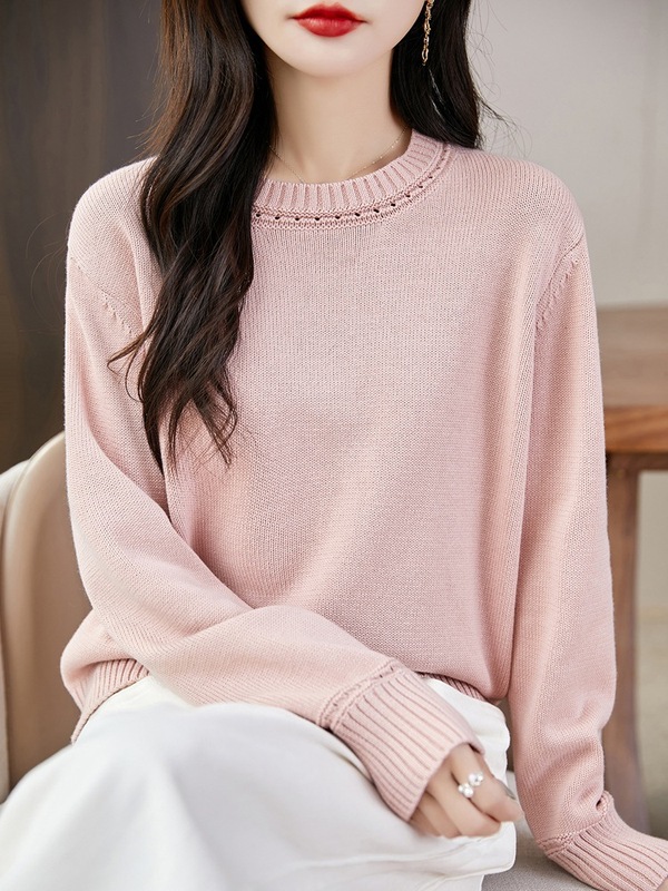 重磅纯棉加厚针织打底衫女法式圆领毛衣2025新款宽松休闲保暖上衣|undefined