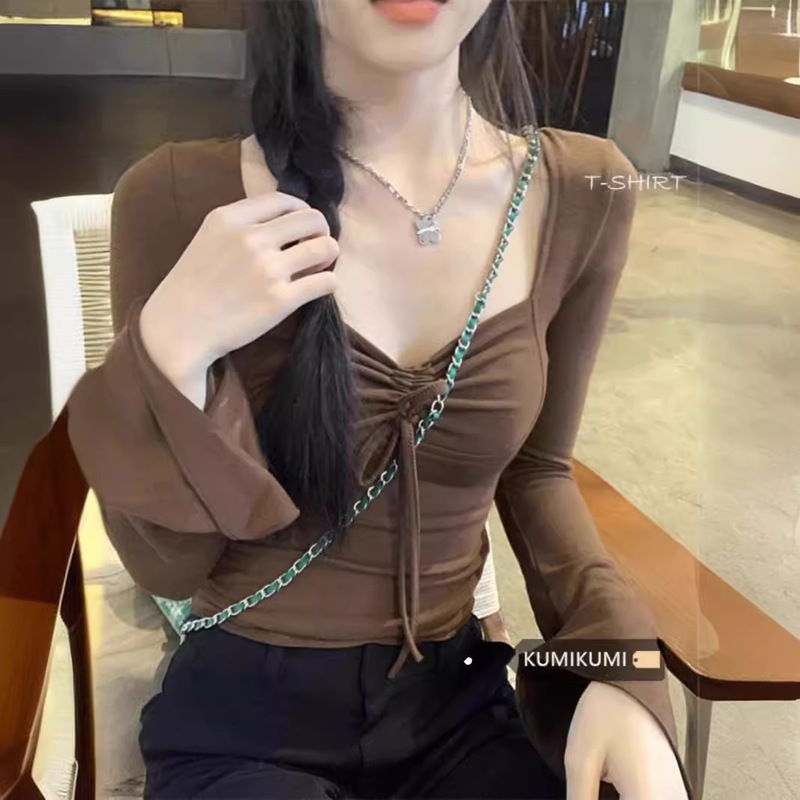 Lhh~De Rong Pleated Lace-Up Long-Sleeve T-Shirt for Women, Early Autumn, Pure and Sexy, Slim-Fit, Short Top, Soft and Smooth