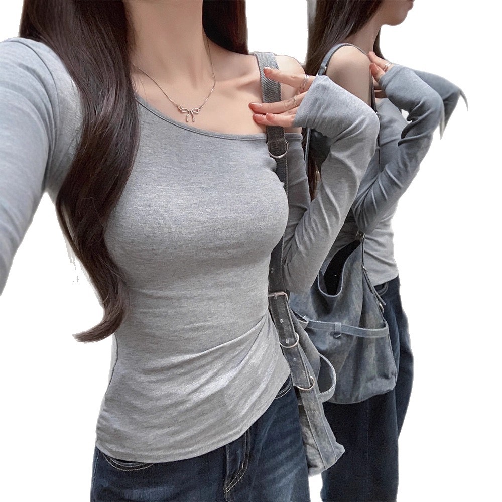 Puramente desear hombro inclinado manga larga principios de otoño 2026 camiseta de otoño nueva delgada gorra gorra camiseta de base mujer image 5