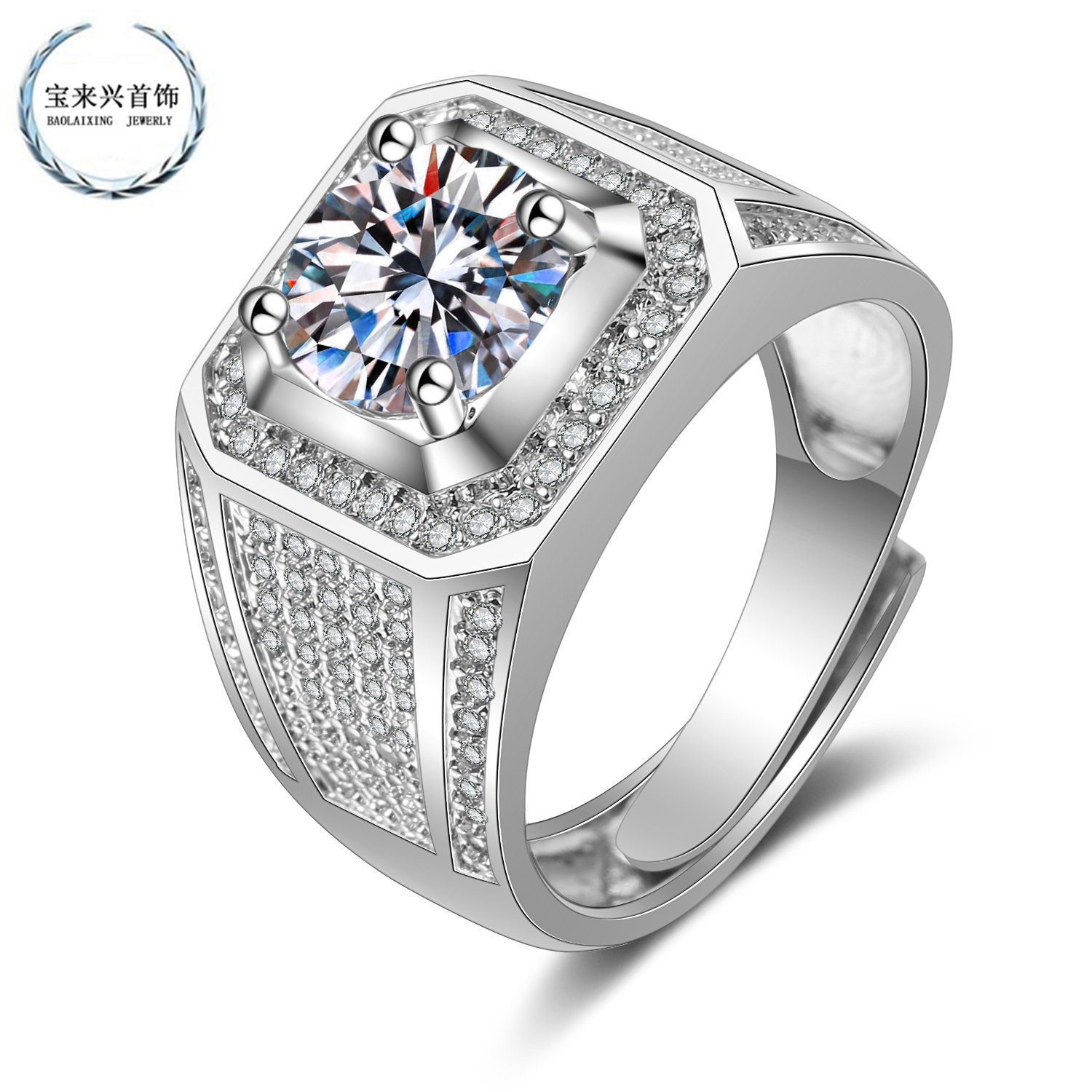 Classic high carbon diamond high simulation men's diamond ring imitation moissanite platinum plated domineering wedding ring wholesale
