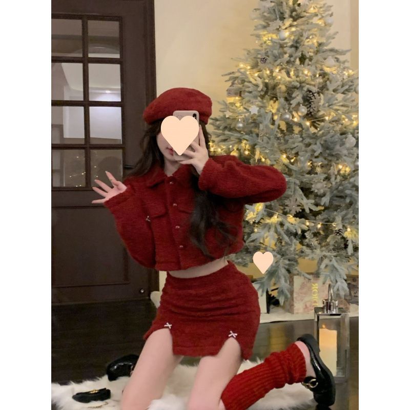 富家千金小香风新年套装女秋冬跨年战袍上衣外套半身裙红色两件套|undefined