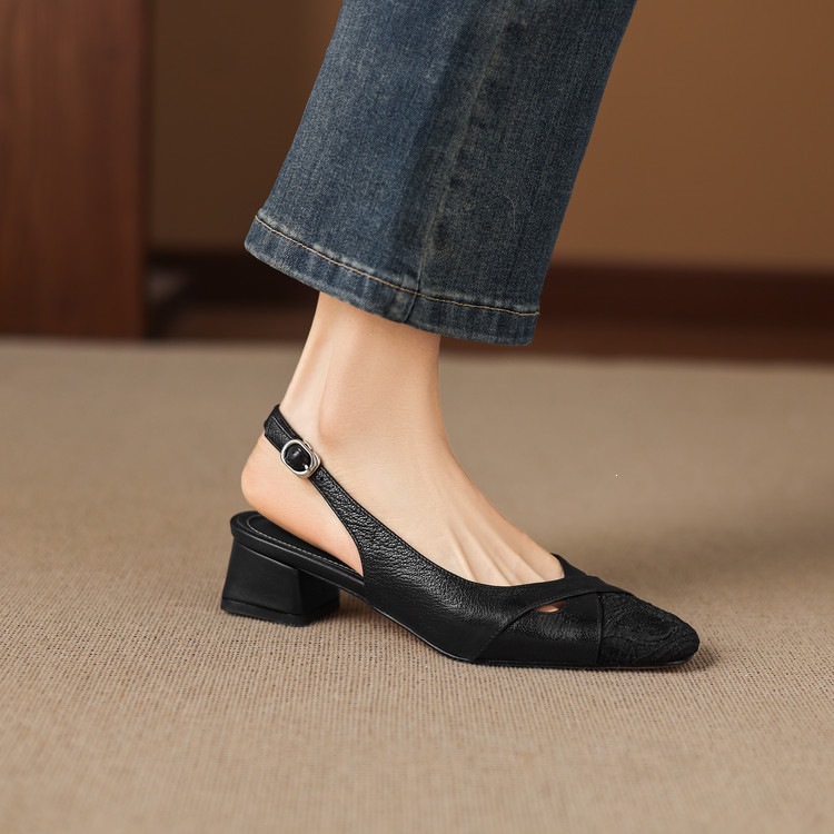 Sandal cao gót nữ hở mũi da cừu lưới phối màu quai ngang khóa — màu đen, màu trắng ngà chi tiết 77