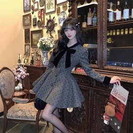 法式甜美蝴蝶结长袖连衣裙女秋季新款富家千金小香风收腰蓬蓬裙子